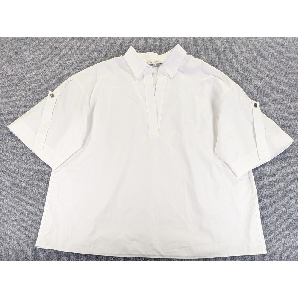 Lafayette 148 New York White Cotton Poplin V-Neck Button Tab Blouse XXL BFF3R